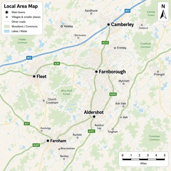 StreetSafe Driving School Map showing StreetSafe Driving School coverage area, featuring driving lessons Farnborough, Camberley, Aldershot and surrounding areas